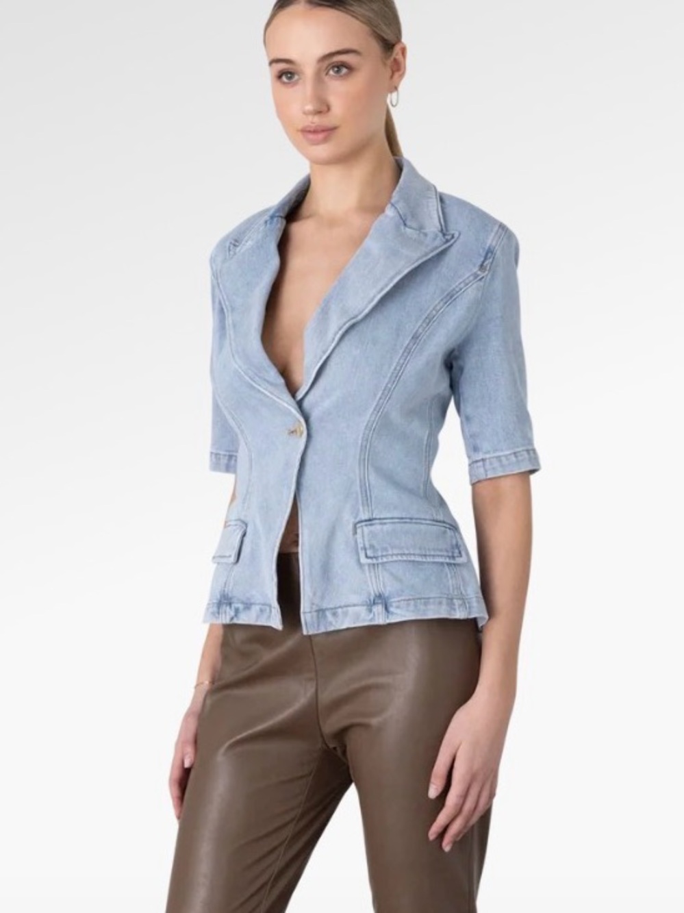 NEW GENERATION LOVE Melbourne denim short sleeve blazer jacket size large $295